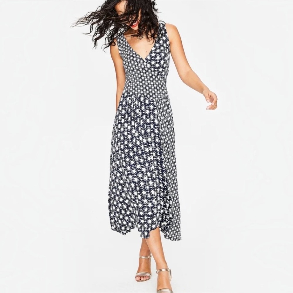 Boden Jennifer Jersey Dress Navy White Floral Sleeveless Midi V-Neck Size 12R